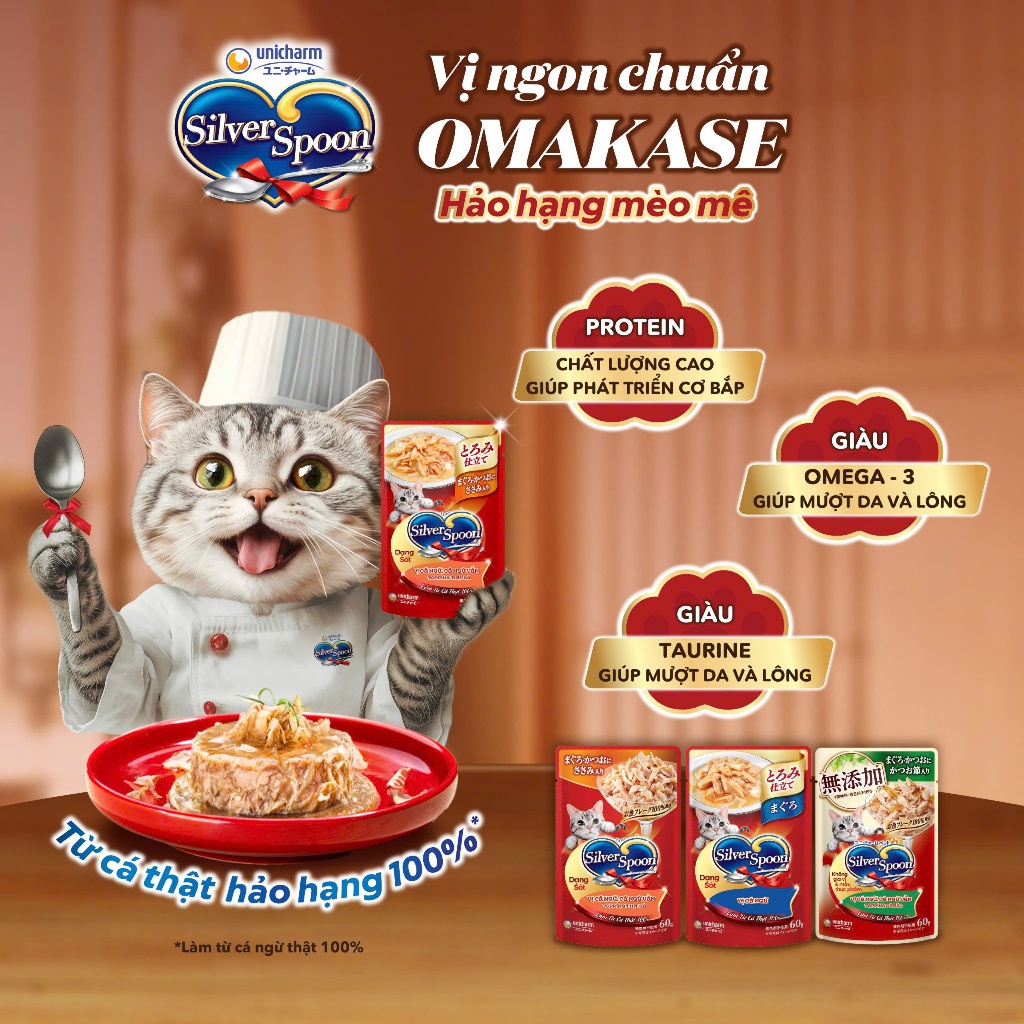 Thức ăn ướt cho mèo Silver Spoon dạng sốt/dạng thạch 60g/gói