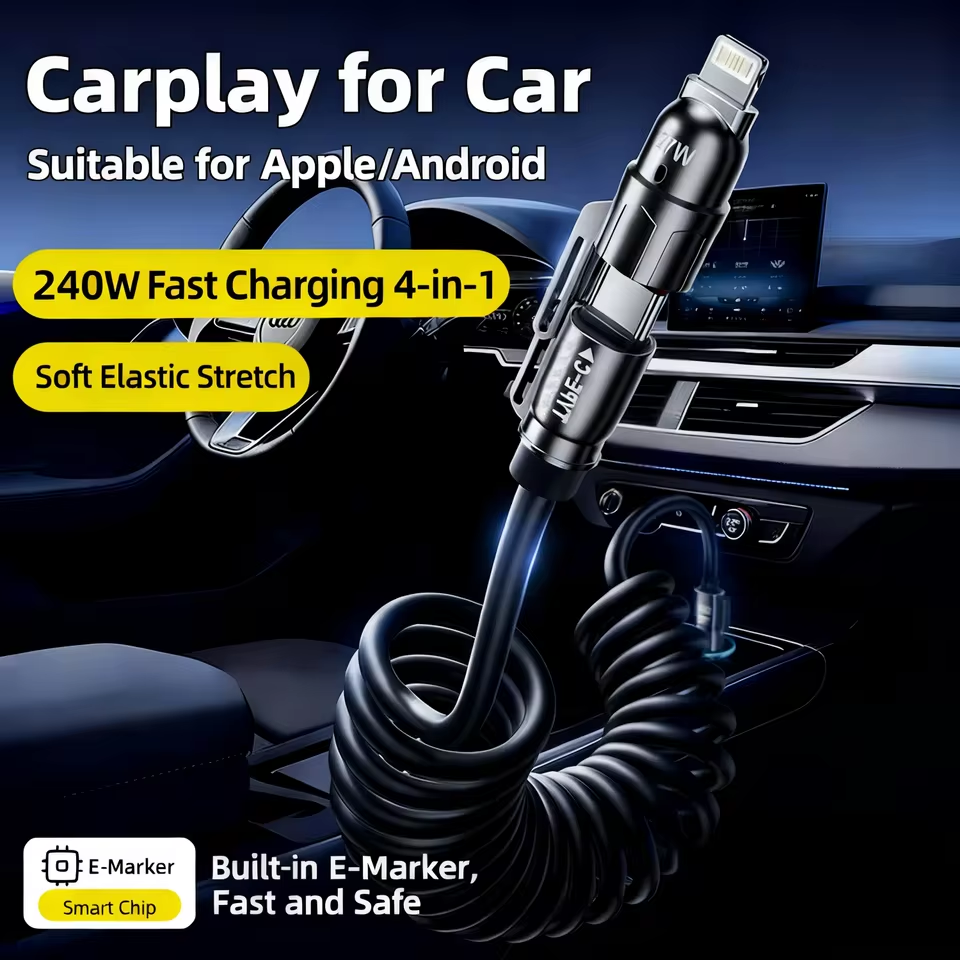 Cáp dữ liệu lò xo ô tô 4 trong 1 240W Cáp sạc nhanh USB sang Type C cho iPhone 16 15 Pro Max Xiaomi