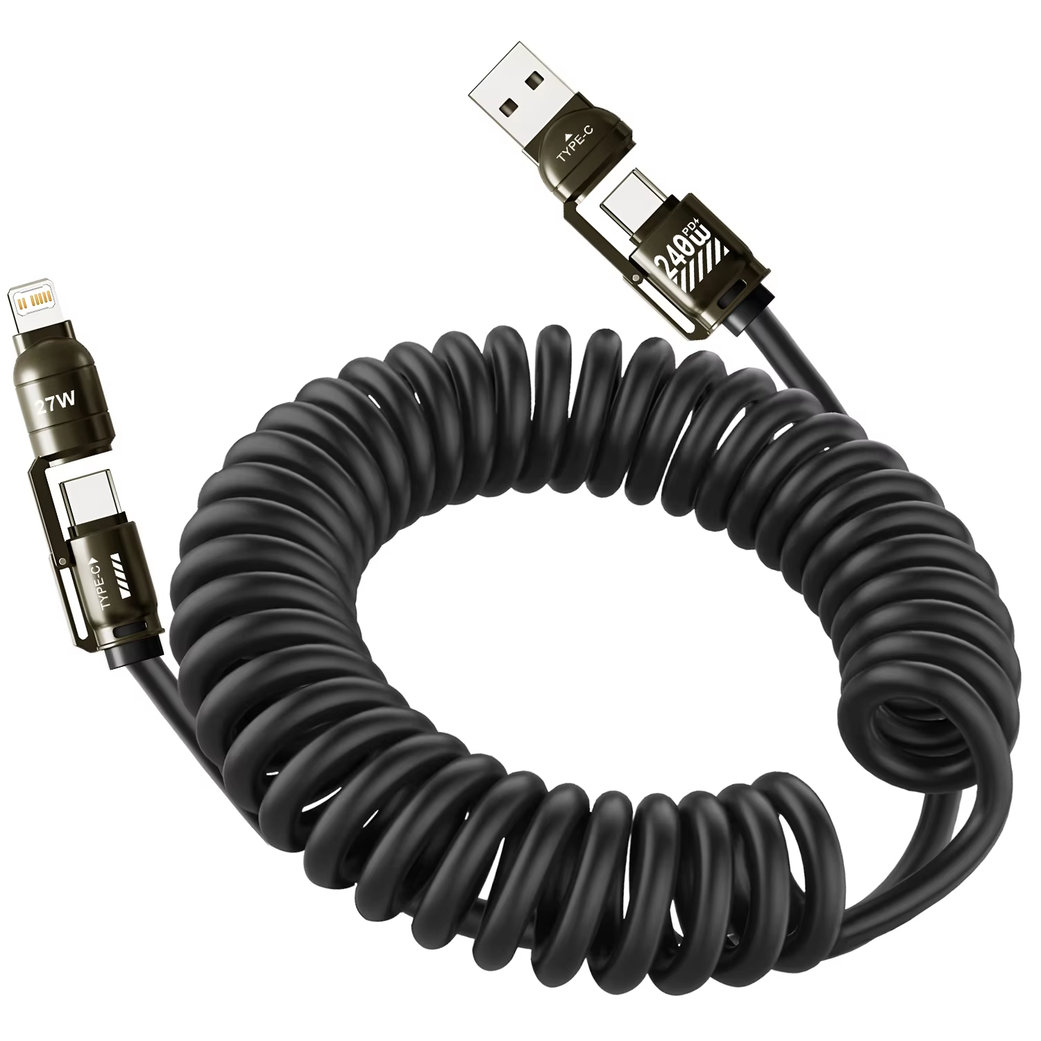  Cáp sạc ô tô 4 trong 1 240W có thể thu vào, hỗ trợ sạc nhanh, cáp USB-C cho iPhone, Huawei, Samsung, iPad, hỗ trợ CarPlay