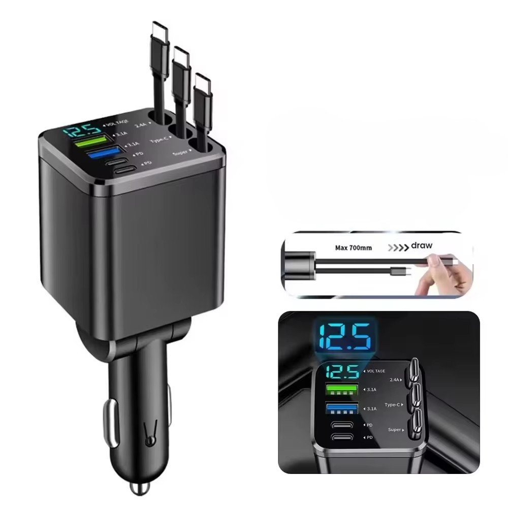  Bộ sạc ô tô điện thoại Type-C 7 trong 1 với cáp mở rộng, bộ chuyển đổi xe hơi sạc nhanh USBPD cổng đôi.