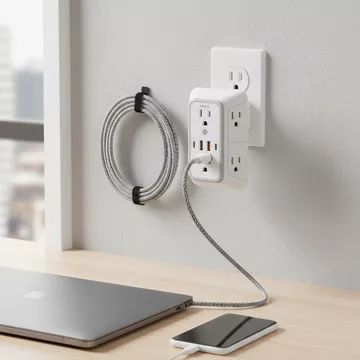 Ổ cắm 3 mặt với bảo vệ chống sét - Bộ chia 6 ổ cắm, 4 cổng USB (2 USB-C), bộ sạc tường mở rộng cho gia đình, văn phòng, du lịch.