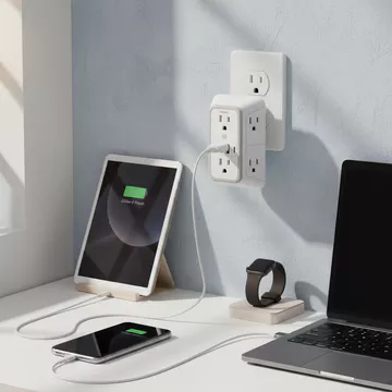Bộ mở rộng ổ cắm chống sét - Bộ chia 6 cổng với 4 USB (2 Type C), Bộ sạc tường đa ổ, Ổ điện 3 mặt cho gia đình, văn phòng, du lịch.
