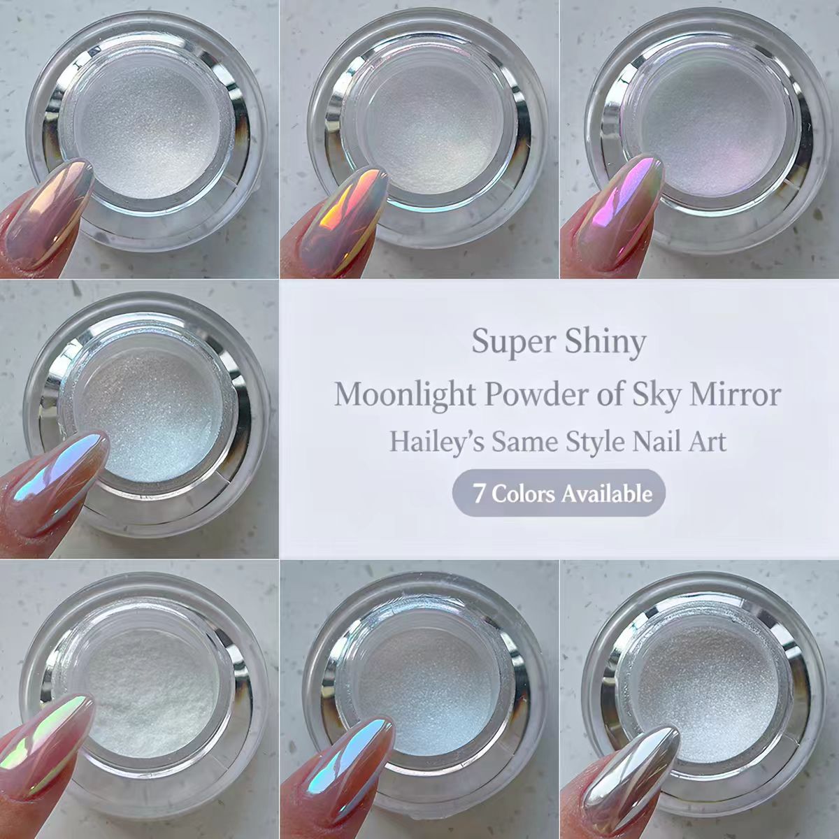 Bột tráng gương ánh trăng làm móng New Sky Mirror 2026, Bột tráng gương chrome Hailie cùng kiểu dáng, Bột kim tuyến nghệ thuật bạc ánh cực quang, Trang trí móng chuyên nghiệp cho salon