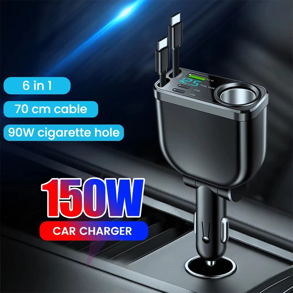 Bộ sạc ô tô 150W với cáp kép loại C có thể thu vào 70CM Sạc nhanh Bộ sạc điện thoại ô tô 6 trong 1 cho iphone Samsung Huawei Xiaomi