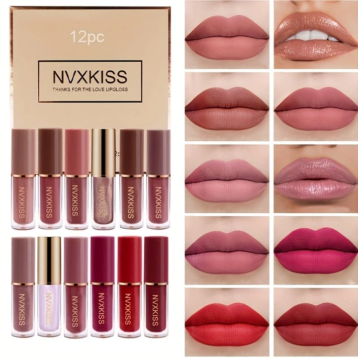Bộ 12 son bóng lì & ánh nhũ NVXKISS, son kem lì lâu trôi chống nước, tông nude đến nổi bật phù hợp mọi dịp