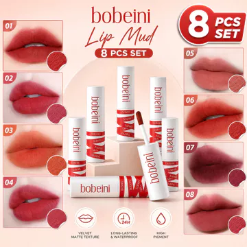Bộ 8 thỏi son bùn Bobeini son lì, son kem màu sắc nổi bật, dùng hàng ngày