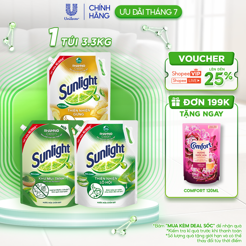 Nước rửa chén Sunlight Bio-care với thành phần từ 100% tự nhiên Túi 3.3kg