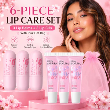 Bộ son dưỡng môi và tinh dầu LAIKOU Sakura 6 món kèm túi organza hồng, mặt nạ dưỡng môi ban đêm cấp ẩm sâu, son bóng bóng sáng, làm đầy và chăm sóc làm dịu
