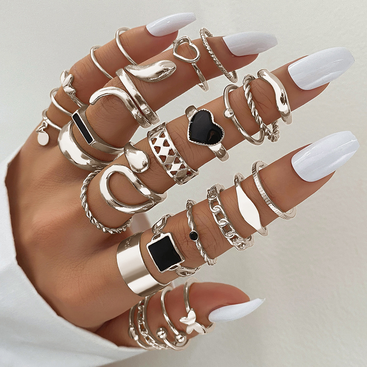 Bộ 27 chiếc nhẫn xếp chồng kiểu boho bạc cổ điển, chi tiết đen, nhẫn midi nữ