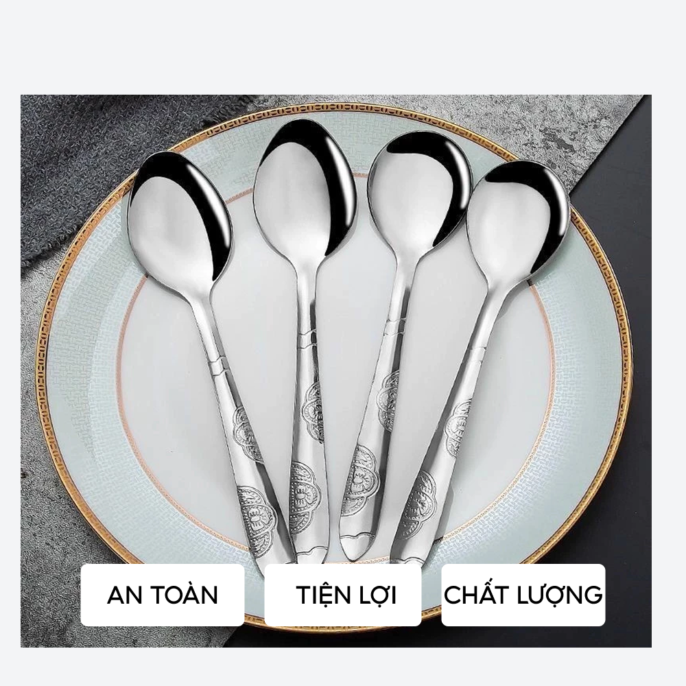 [Choice] Thìa súp NH77 bằng INOX đầu tròn cán dài chạm khắc hoa văn loại to đẹp