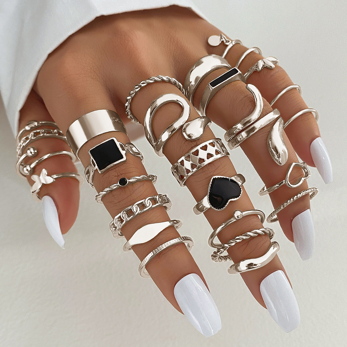 Bộ 27 nhẫn bạc phong cách cổ điển boho cho nữ - Nhẫn midi xếp chồng đá đen, trang sức dự tiệc hợp xu hướng, quà tặng