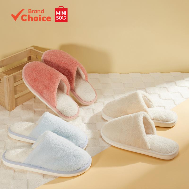 MINISO Dép bông nữ trắng cam xanh, đơn giản ấm áp, size 8.5cm x 26cm & 9.5cm x 27cm.