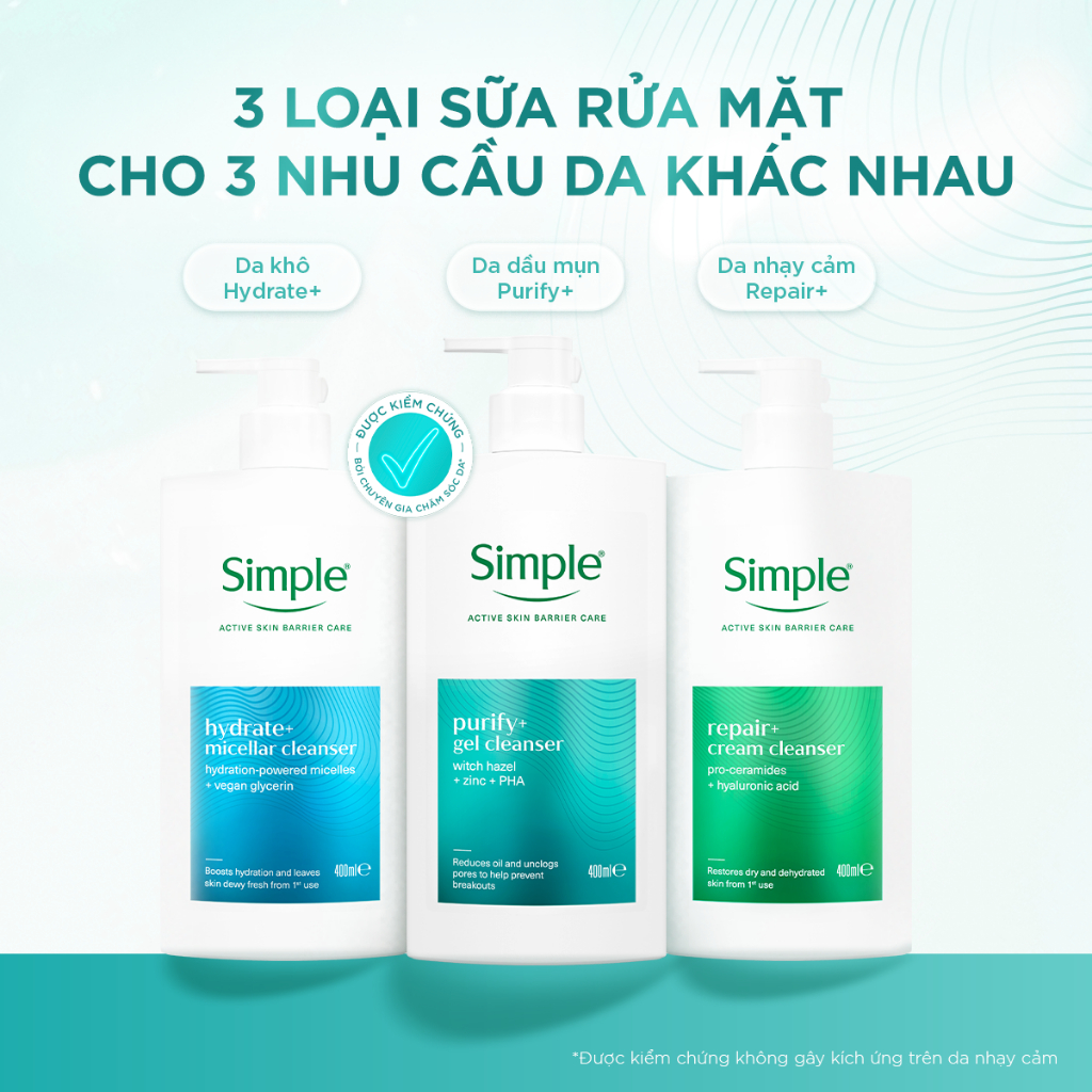[MỚI] Sữa Rửa Mặt Simple 400ml Purify+ Giảm Mụn Sau 7 Ngày, Repair+ Phục Hồi Da, Hydrate+ Giúp Da Trông Căng Mướt