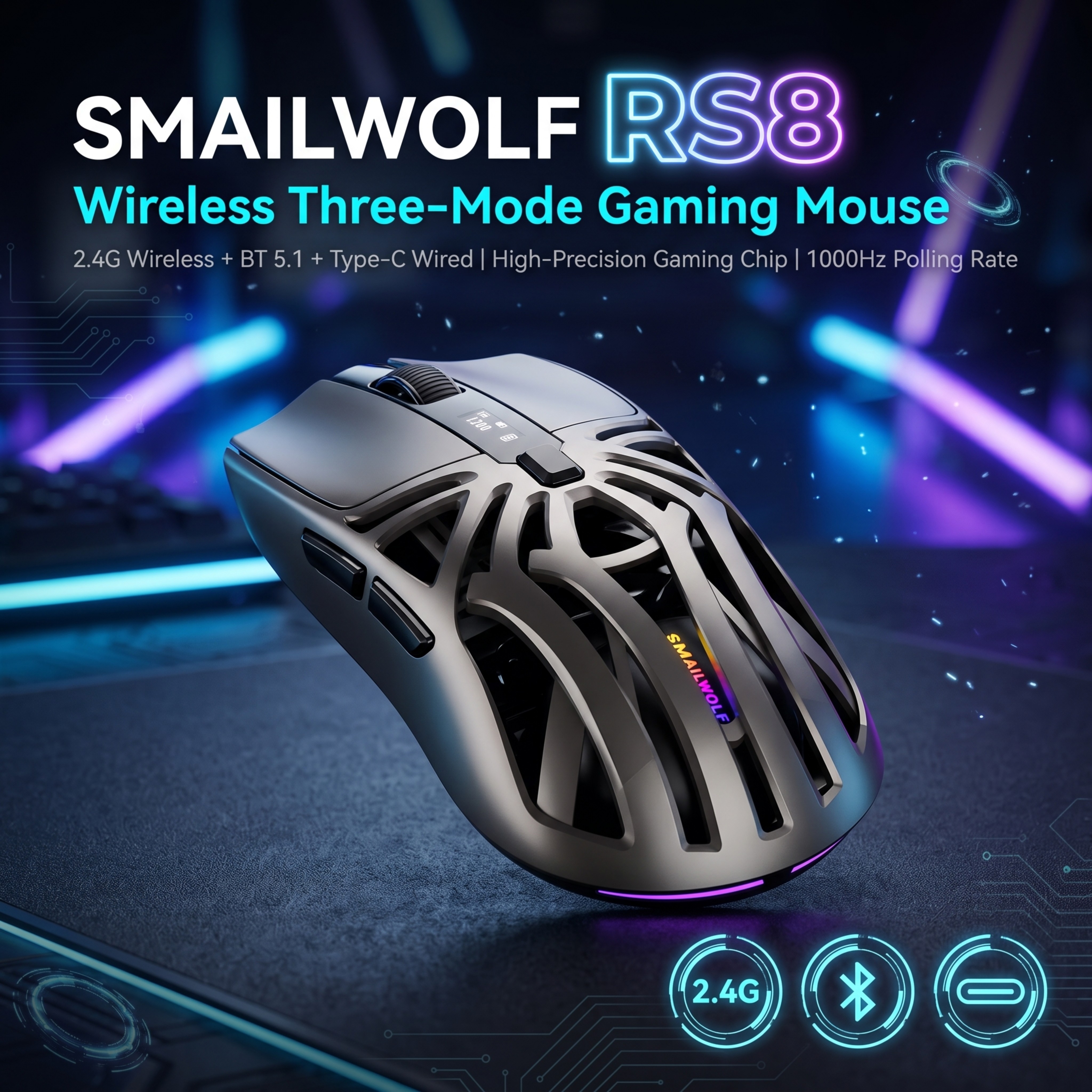 Chuột chơi game SMAILWOLF RS8 Tri-Mode Lên tới 24000 DPI, Tỷ lệ bỏ ...