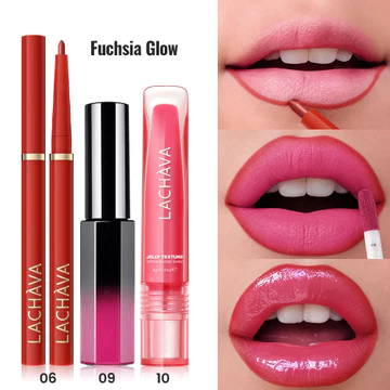 Bộ 3 LACHAVA gồm 3 bước: chì kẻ viền môi + son bóng lì + son bóng căng mọng, tạo hiệu ứng môi thủy tinh, phù hợp dùng hàng ngày hoặc dự tiệc