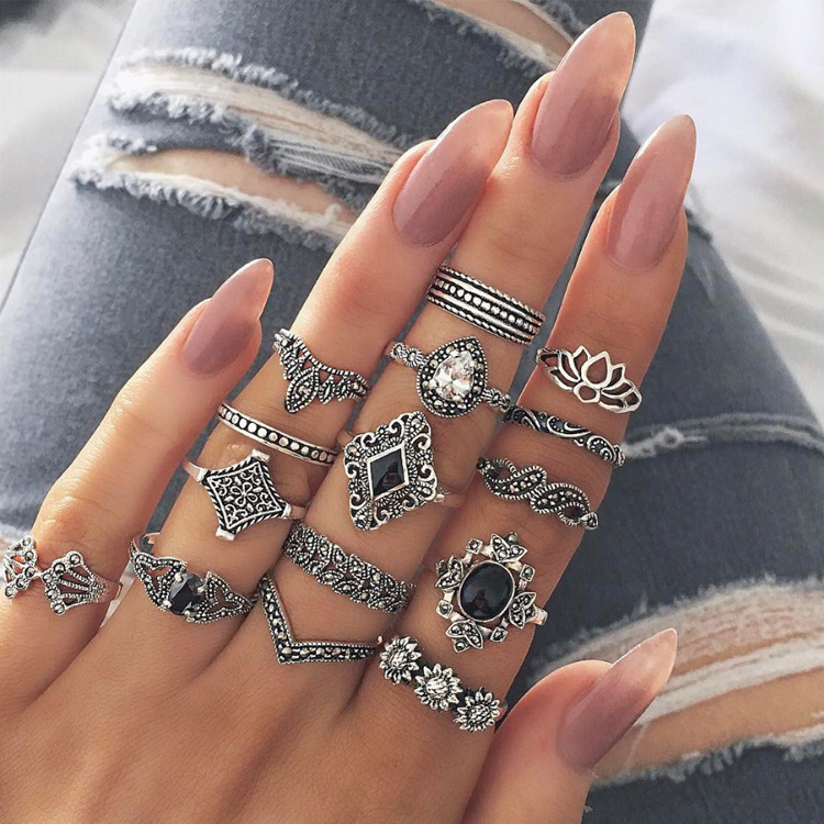 Bạc Bohemian 15 Chiếc Nhẫn Sen Bộ Vintage Có Thể Xếp Chồng Knuckle Midi Món Quà Trang Sức