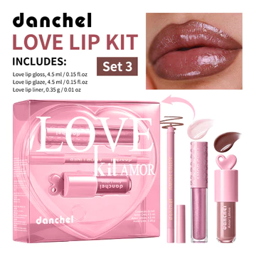 Bộ trang điểm môi 3 trong 1 Danchel, son bóng nhũ gương, son bóng môi, chì viền môi gọt được, dưỡng ẩm, làm căng mọng, mịn màng, không thấm nước, dùng hàng ngày và làm quà tặng
