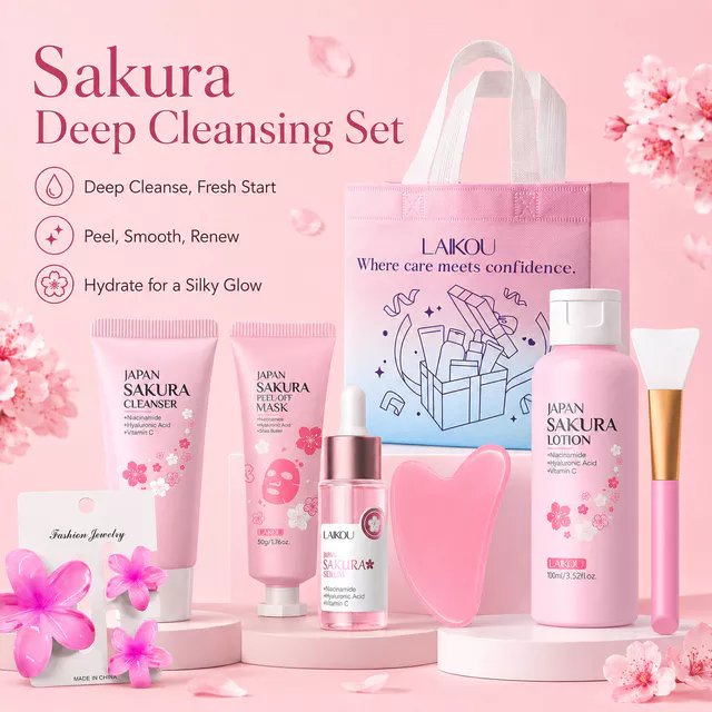 Bộ chăm sóc da LAIKOU Sakura 8 món gồm mặt nạ lột làm sạch sâu lỗ chân lông, sữa dưỡng ẩm kèm bộ Gua Sha, lựa chọn chính hãng giá tốt