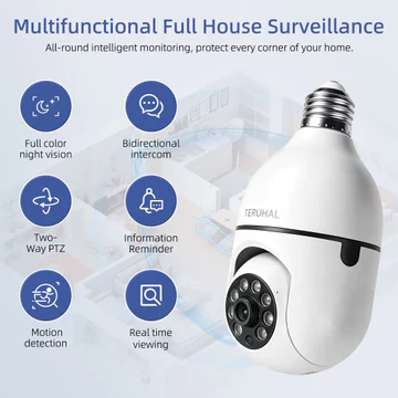 Camera giám sát TERUHAL E27, không dây wifi chống nước cho gia đình ngoài trời, có tính năng theo dõi tự động. Bộ sản phẩm bao gồm bốn camera 360° Wi-Fi HD 3MP, hỗ trợ chế độ nhìn đêm wifi 2.4