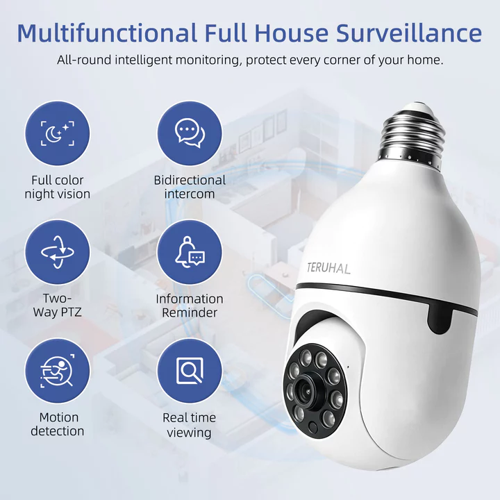 Bộ camera giám sát TERUHAL E27, chống nước, không dây wifi, ngoài trời với tính năng theo dõi tự động. Bộ sản phẩm bao gồm bốn camera 3MP HD Wi-Fi 360°, hỗ trợ wifi 2.4GHz và quan sát ban đêm.
