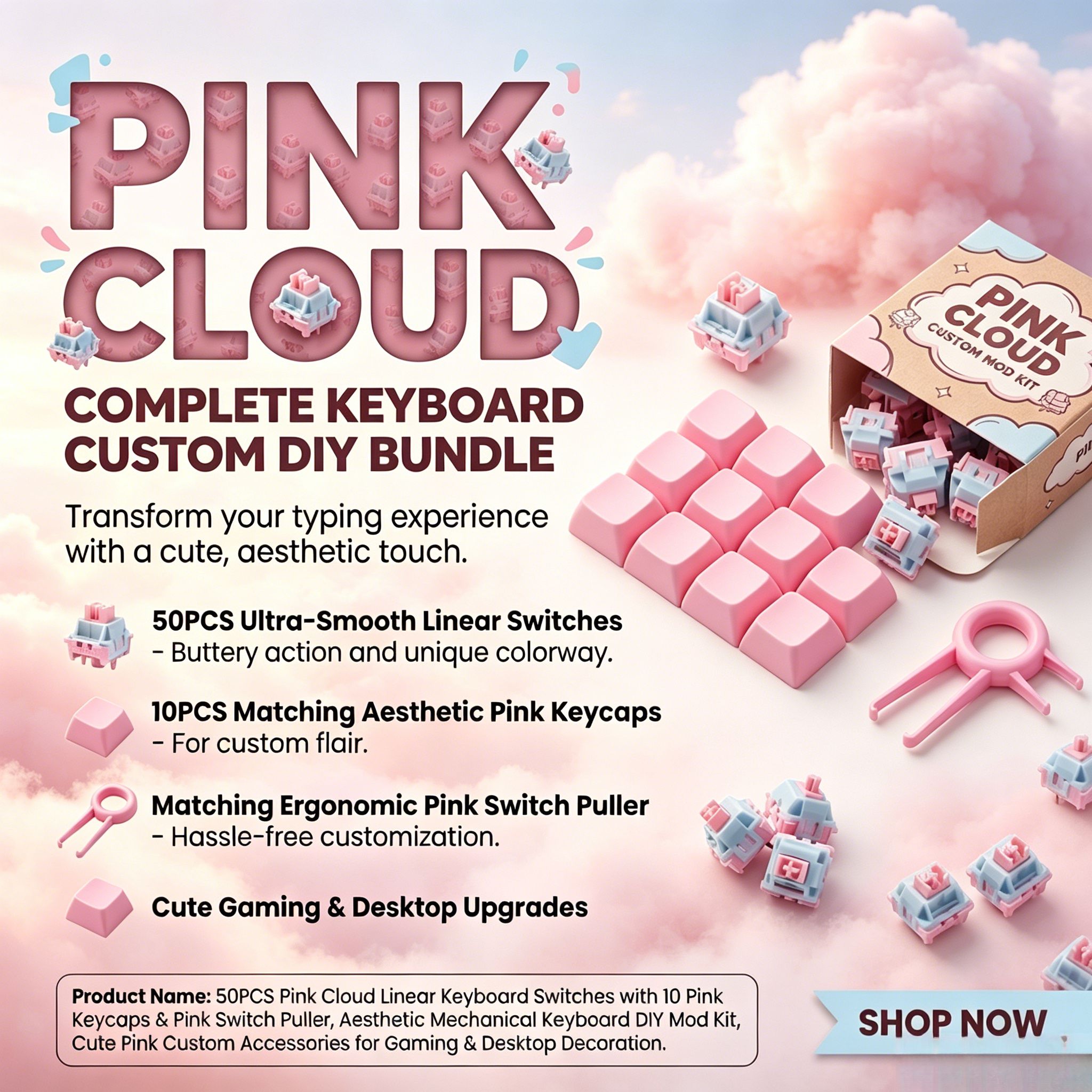 Bộ kit DIY switch cơ học tuyến tính êm Pink Cloud Silent Linear 50 chiếc kèm 10 phím PBT hồng, tặng kèm dụng cụ tháo switch cho bàn phím gaming custom | BigBuy360 - bigbuy360.vn