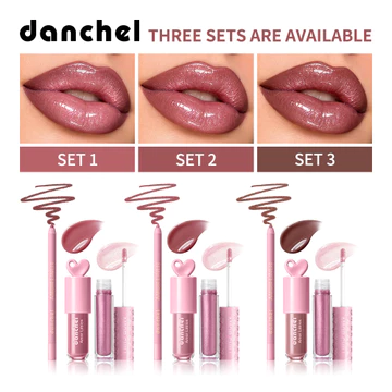 Bộ Trang Điểm Môi Danchel Love Lip Kit 3 Món, Bút Kẻ Môi Chống Nước Lâu Trôi + Gương + Son Bóng Lấp Lánh, Hộp Quà Hình Trái Tim Dưỡng Ẩm Làm Đầy Môi