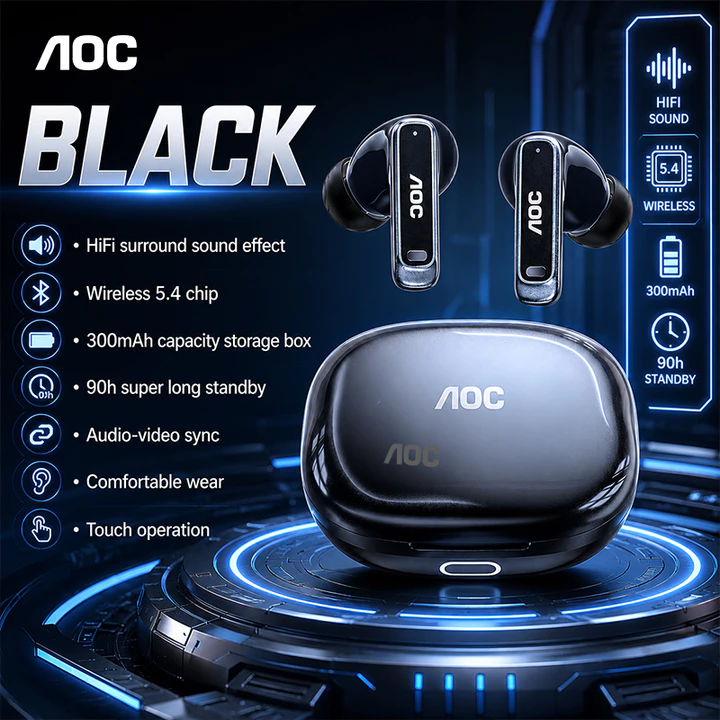 Tai nghe AOC ACT4611 Tai nghe Tai nghe Tai nghe Tai nghe Tai nghe Bluetooth không dây Siêu rộng Âm thanh nổi Cuộc gọi HD Độ trễ thấp Vỏ sạc tiện lợi Nút điều khiển Tai nghe