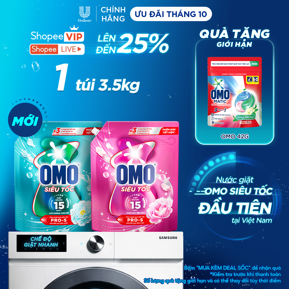 [MỚI] Nước giặt Omo Siêu Tốc đầu tiên tại Việt Nam, được thiết kế dành riêng cho chu trình giặt nhanh | Túi 3.5KG