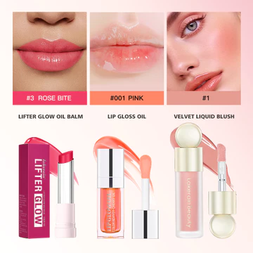 Lakerain 3 Cái / bộ Bộ Trang Điểm Lip & Cheek 6ml Shimmer Plumping Lip Oil Đa Năng Liquid Velvet Blush 24H Không Dính Hyaluronic Acid Lip Glaze Hydrating Lip Care Cruelty-Free