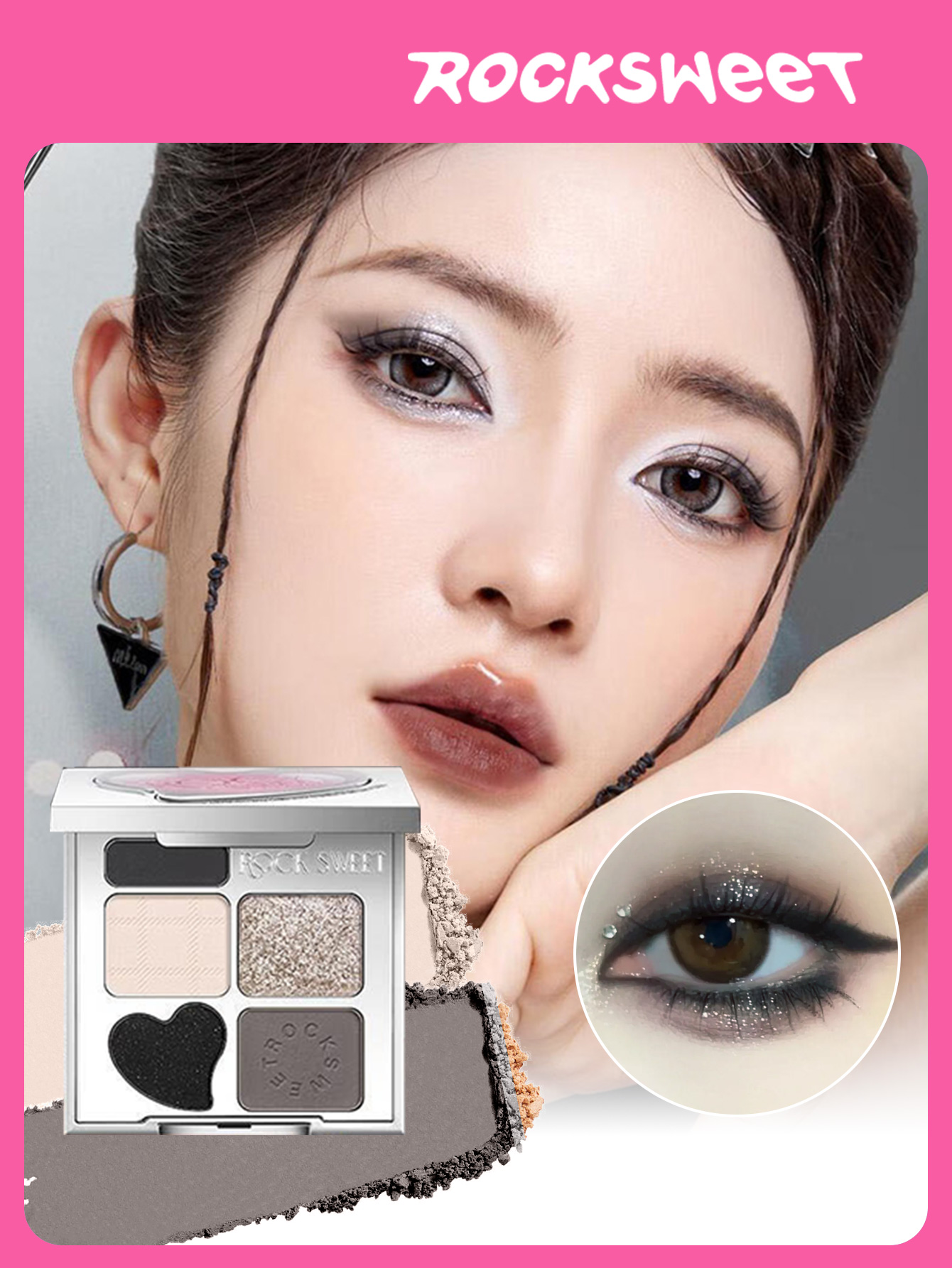 ROCK SWEET Bảng Mắt & Mày 5 Màu | Chì Mày Tông Tự Nhiên, Phấn, Màu Mắt, Tạo Khối, Bắt Sáng, Chống Mồ Hôi