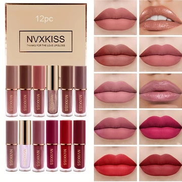 Bộ 12 Son Bóng NVXKISS, Bóng Lì & Nhũ, Lâu Trôi Không Dính Cốc
