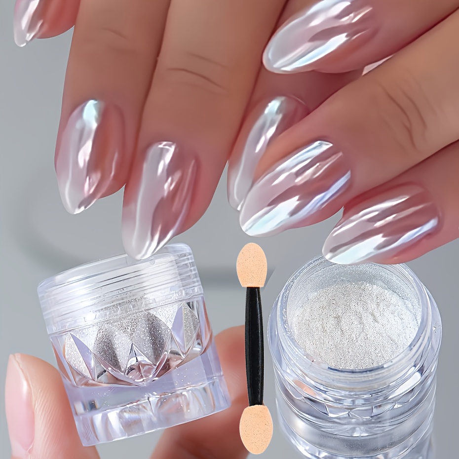 Bột móng tay ngọc trai bằng đá trong suốt mạ Chrome 2 chiếc, thích hợp cho nghệ thuật làm móng tay tươi mát mùa xuân hè