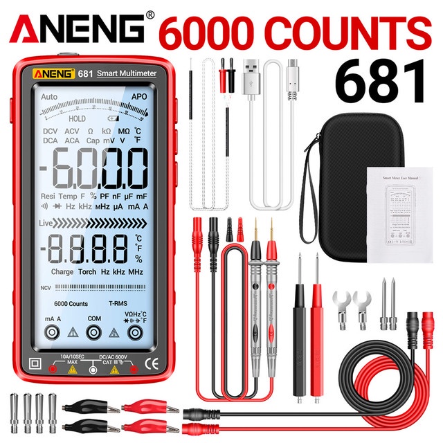 Mới 681 Đồng hồ vạn năng sạc lại chống cháy thông minh True RMS Máy kiểm tra điện áp Hz Ohm Diode với màn hình LCD 1Pc