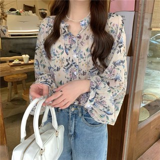 Áo Sơ Mi Voan Tay Dài In Họa Tiết Hoa Phong Cách Hàn Quốc Cho Nữ