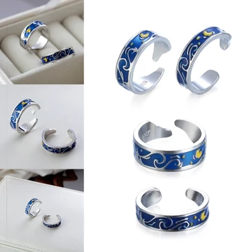 [Hot] Nhẫn thiết kế cặp đôi dành cho người yêu Nhẫn đôi lãng mạn Nhẫn đôi sang trọng Đơn giản Nhẫn bạc sáng tạo Van Gogh Bầu trời đầy sao Nhẫn thời trang Nhẫn có thể điều chỉnh thanh lịch