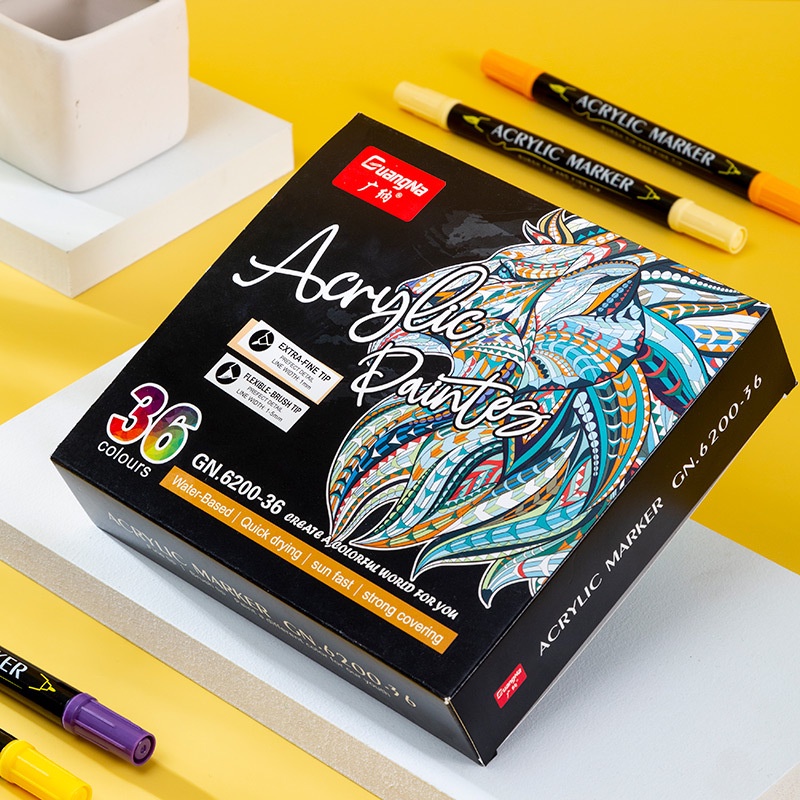 Bút acrylic 36 màu 2 đầu ngòi nhỏ thích hợp vẽ trên nhiều chất liệu: giấy, vải, thủy tinh, gỗ, kim loại