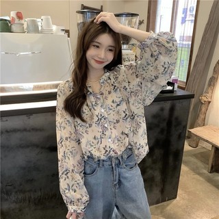 Áo Sơ Mi Voan Tay Dài In Họa Tiết Hoa Phong Cách Hàn Quốc Cho Nữ