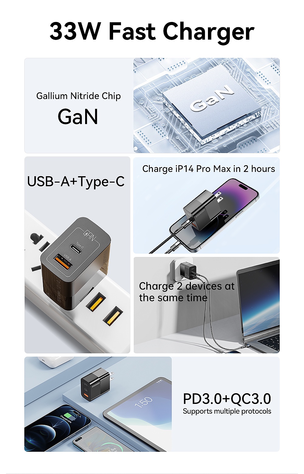Mô tả Củ sạc nhanh ESSAGER nhiều cổng USB C 33W thích hợp cho iP 14 13 12 11 Pro Max XS 8 Plus iPd Pro Air Mini - 2