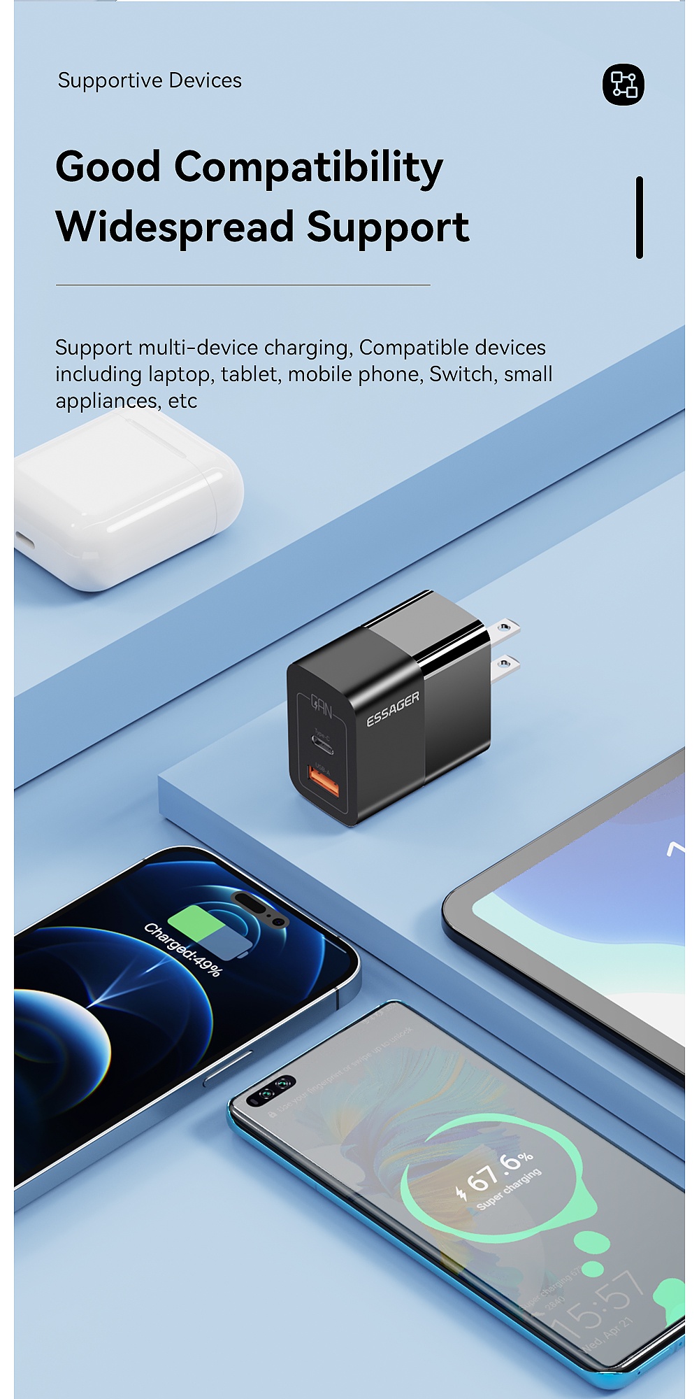 Mô tả Củ sạc nhanh ESSAGER nhiều cổng USB C 33W thích hợp cho iP 14 13 12 11 Pro Max XS 8 Plus iPd Pro Air Mini - 10