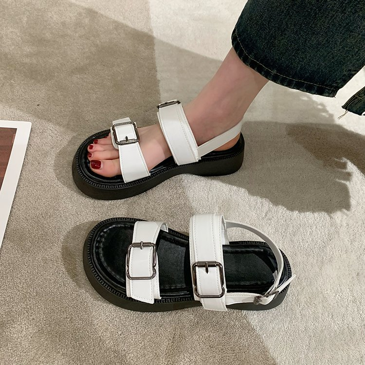 JINxCHOY SHOES Giày dép đế dày màu đen Bên ngoài mùa hè Giày dép đế mềm 100% Vintage La Mã Sandals Thoải mái Breathable Văn phòng Du lịch Mua sắm Giày nữ