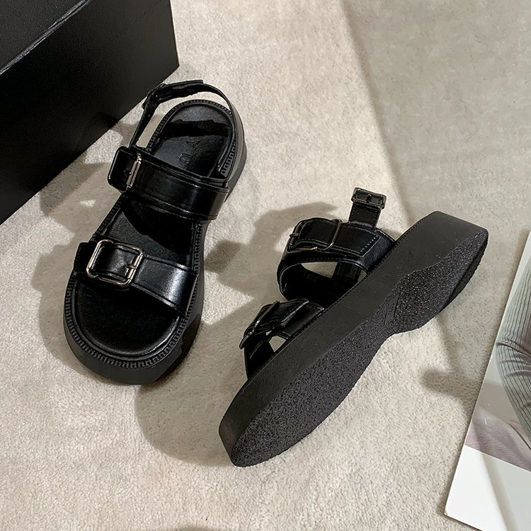 JINxCHOY SHOES Giày dép đế dày màu đen Bên ngoài mùa hè Giày dép đế mềm 100% Vintage La Mã Sandals Thoải mái Breathable Văn phòng Du lịch Mua sắm Giày nữ