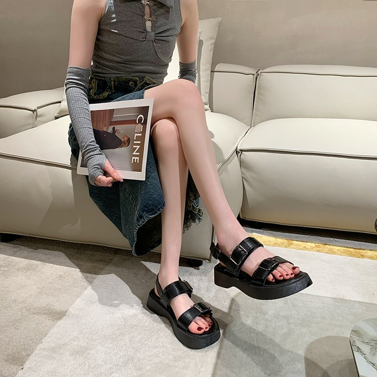 JINxCHOY SHOES Giày dép đế dày màu đen Bên ngoài mùa hè Giày dép đế mềm 100% Vintage La Mã Sandals Thoải mái Breathable Văn phòng Du lịch Mua sắm Giày nữ