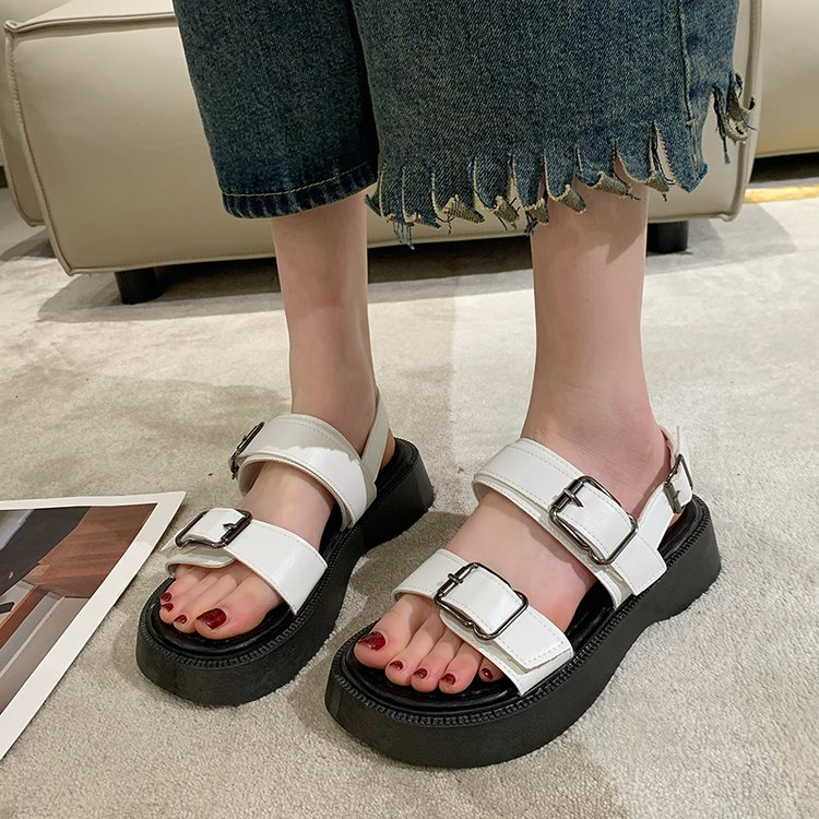 JINxCHOY SHOES Giày dép đế dày màu đen Bên ngoài mùa hè Giày dép đế mềm 100% Vintage La Mã Sandals Thoải mái Breathable Văn phòng Du lịch Mua sắm Giày nữ