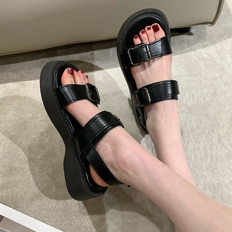 JINxCHOY SHOES Giày dép đế dày màu đen Bên ngoài mùa hè Giày dép đế mềm 100% Vintage La Mã Sandals Thoải mái Breathable Văn phòng Du lịch Mua sắm Giày nữ