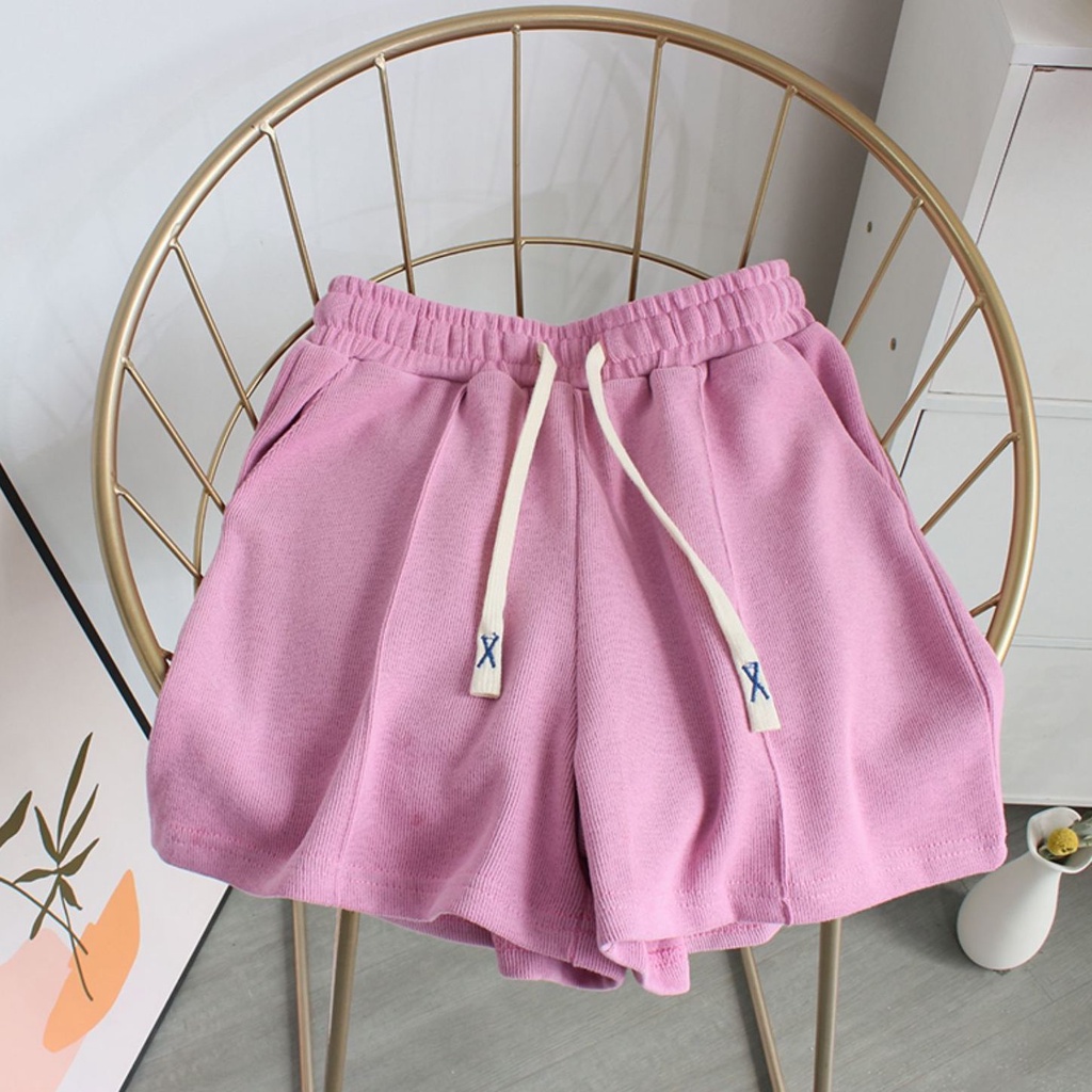 Quần short thể thao thêu thường ngày dành cho nữ Mùa hè Hàn Quốc Quần nóng tập thể dục dáng rộng mới