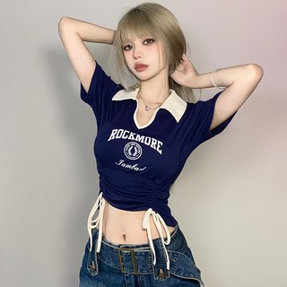 ZHELIHANGFEI Áo Croptop Tay Ngắn Cổ Polo Phối Dây Rút Thiết Kế Quyến Rũ Cho Nữ