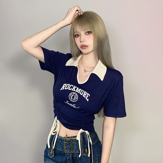ZHELIHANGFEI Áo Croptop Tay Ngắn Cổ Polo Phối Dây Rút Thiết Kế Quyến Rũ Cho Nữ
