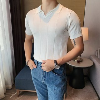 Hàn Quốc Nhẹ Phong Cách Trưởng Thành Ice Silk Áo Sơ Mi POLO Tay Ngắn Slim-fit Chất Lượng Cao Ve Áo Top Cổ Chữ V Dệt Kim Áo Sơ Mi POLO Ice Silk Dệt Kim Tay Ngắn T