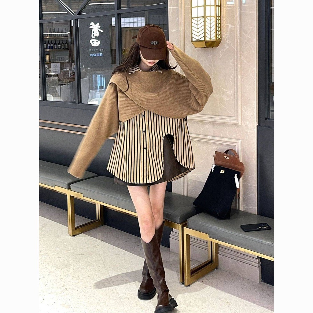 Set Áo Len Sát Nách Form Rộng Họa Tiết Kẻ Sọc Và Áo Sơ Mi Xẻ Tà Thời Trang Mùa Thu Phong Cách Retro Cho