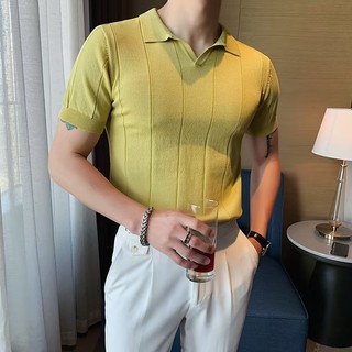 Hàn Quốc Nhẹ Phong Cách Trưởng Thành Ice Silk Áo Sơ Mi POLO Tay Ngắn Slim-fit Chất Lượng Cao Ve Áo Top Cổ Chữ V Dệt Kim Áo Sơ Mi POLO Ice Silk Dệt Kim Tay Ngắn T